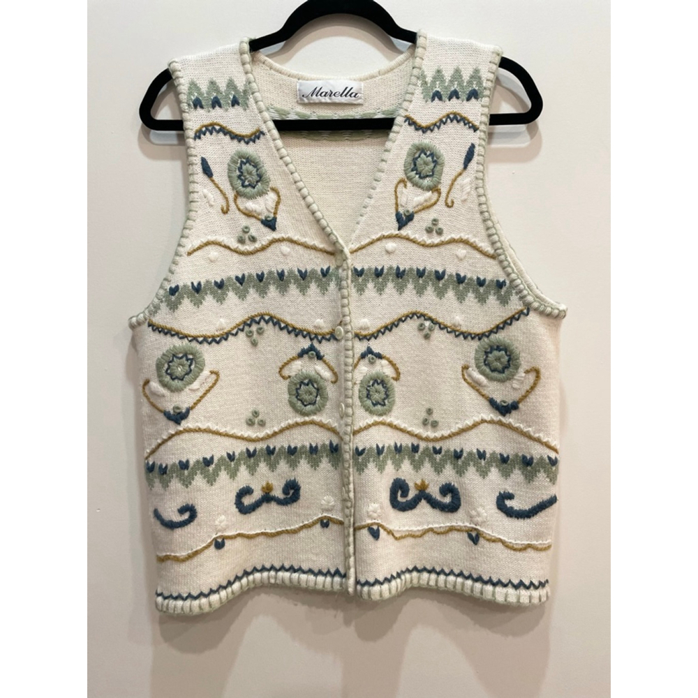 Vintage Marella Women Flower Embroidered Knit Vest M Cottagecore Grannie 90s